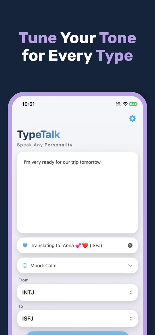 TypeTalk MBTI message translator screen
